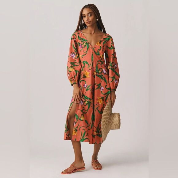 Anthropologie Long-Sleeve V-Neck Midi Floral Dress in Pink Rose XS NWOT - Picture 1 of 10
